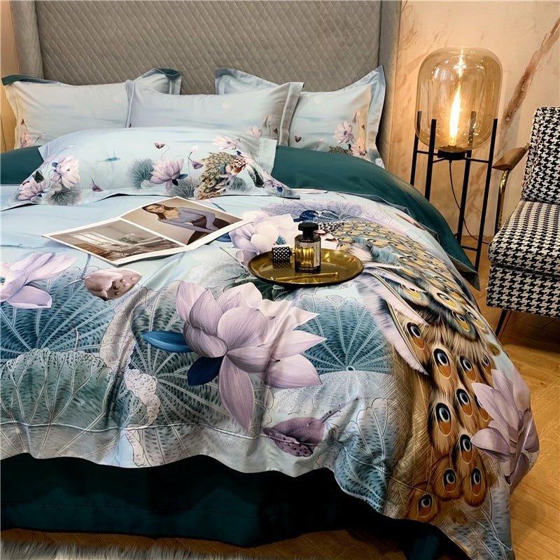 Teal Lotus Bedding Set on a bed