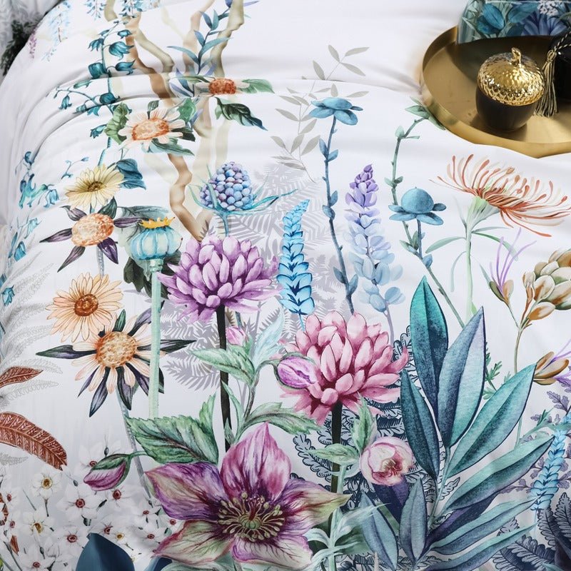 Close up of pattern and fabric of Whispering Garden Bedding Set