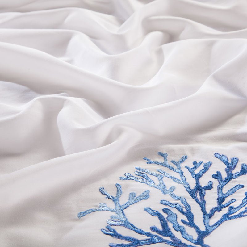 Close up of embroidery and fabric from the Beach Coastal Bedding Set - Castle Home