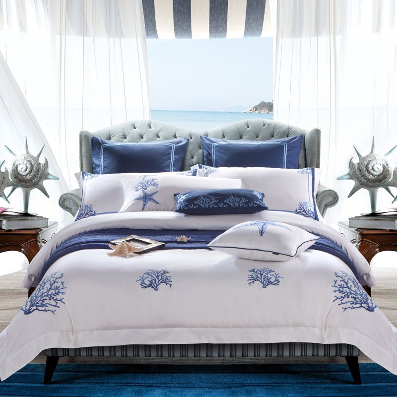 Beach Coastal Bedding Set on a bed - front view - Castle Home