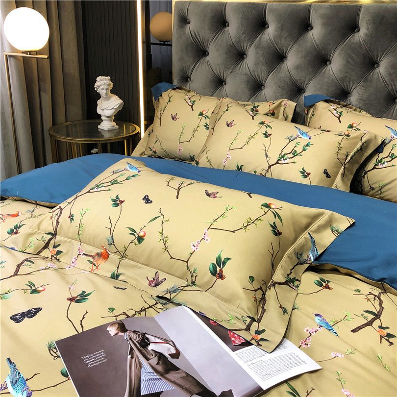 Golden Songbirds Bedding Set on a bed